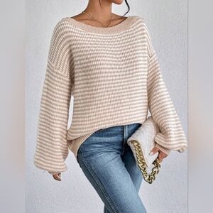 NEW Chic Oversized Striped Loose Knit Sweater Top Tan Beige White